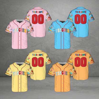 Personalized multicolor teacher baseball jersey featuring a rainbow and apple, front view