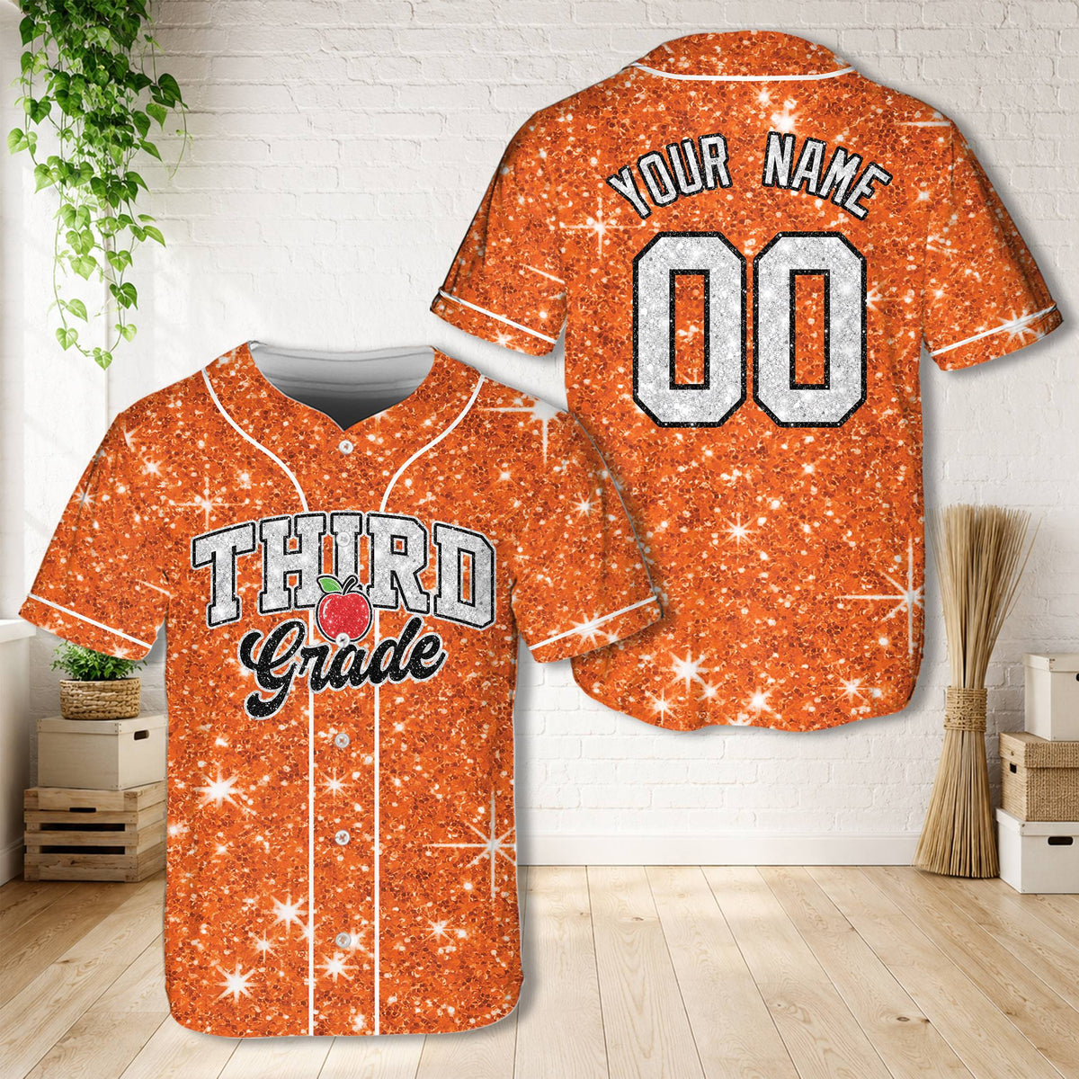 Orange personalized teacher baseball jersey, front view