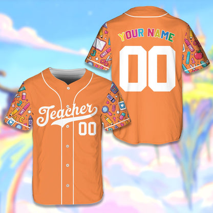 Orange teacher baseball jersey with custom name and number featuring school supply patterned sleeves, front view