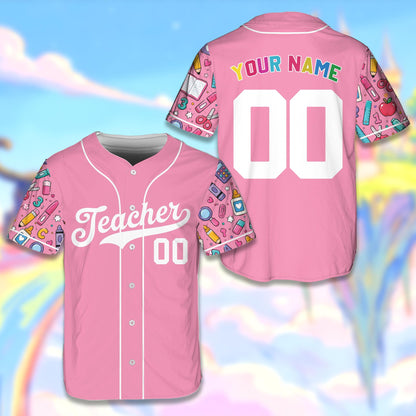 Pink teacher baseball jersey with custom name and number featuring school supply patterned sleeves, front view