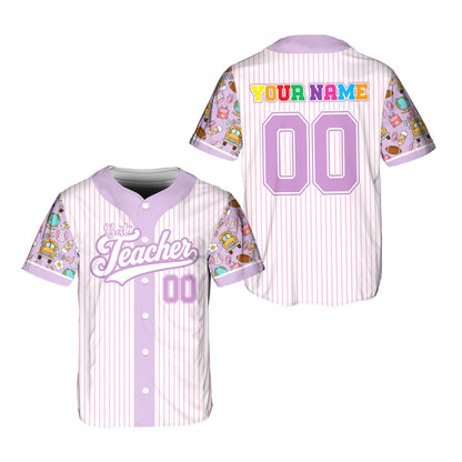 Front view of pink personalized baseball jersey showing school theme sleeves