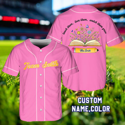 Second front view of personalized pink teacher baseball jersey