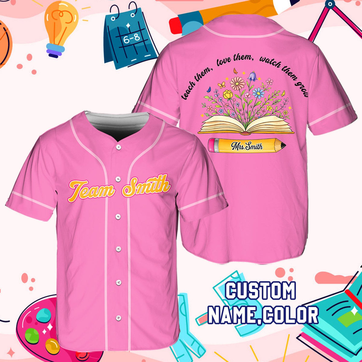 Personalized pink teacher baseball jersey front view with custom name detail