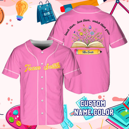 Personalized pink teacher baseball jersey front view with custom name detail
