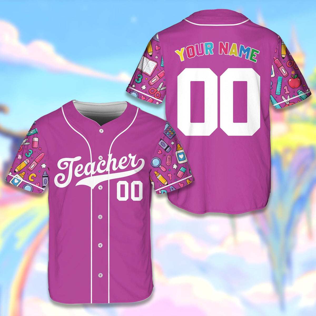 Purple teacher baseball jersey with custom name and number featuring school supply patterned sleeves, front view