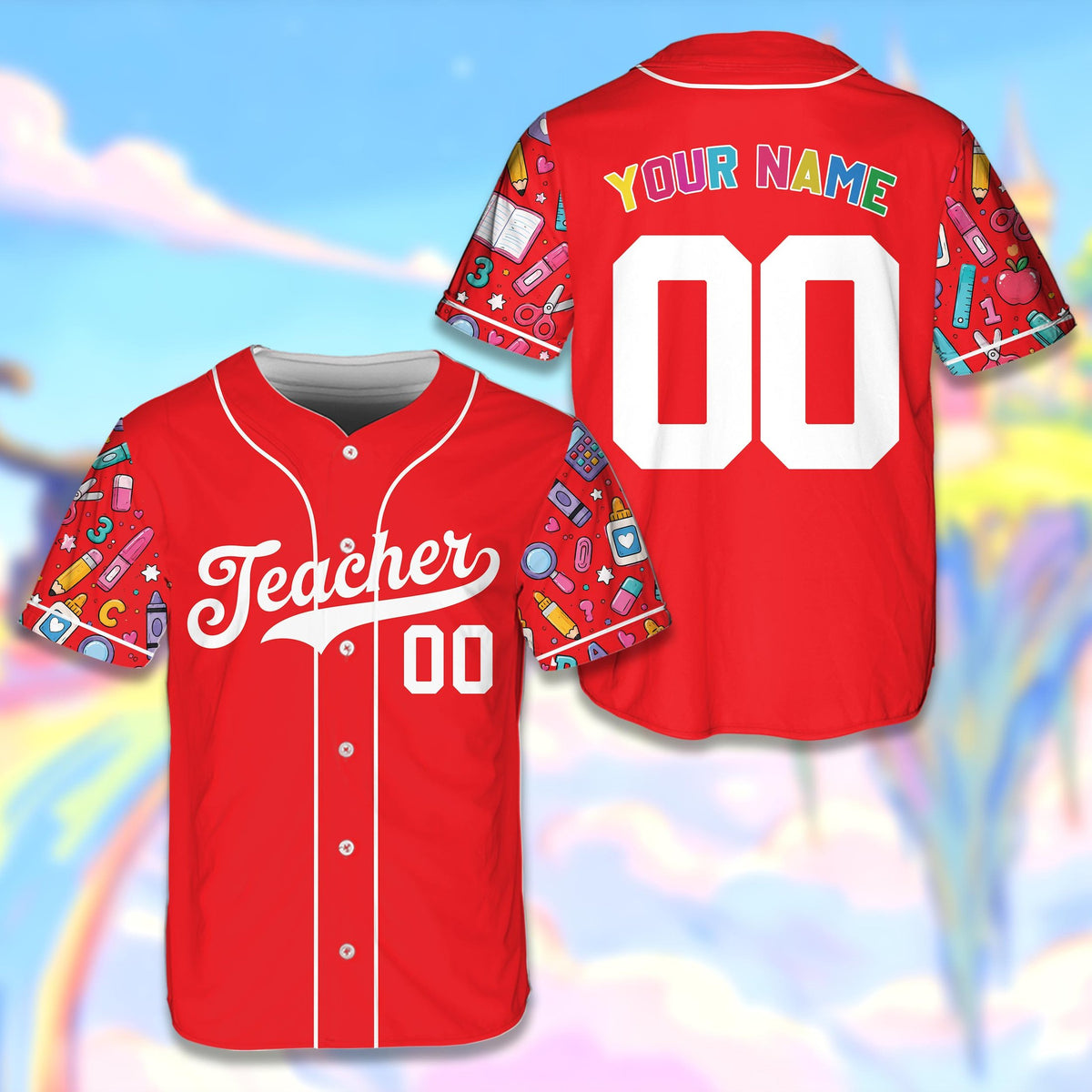 Red teacher baseball jersey with custom name and number featuring school supply patterned sleeves, front view
