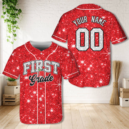 Red personalized teacher baseball jersey with custom name, number, and grade level, front view