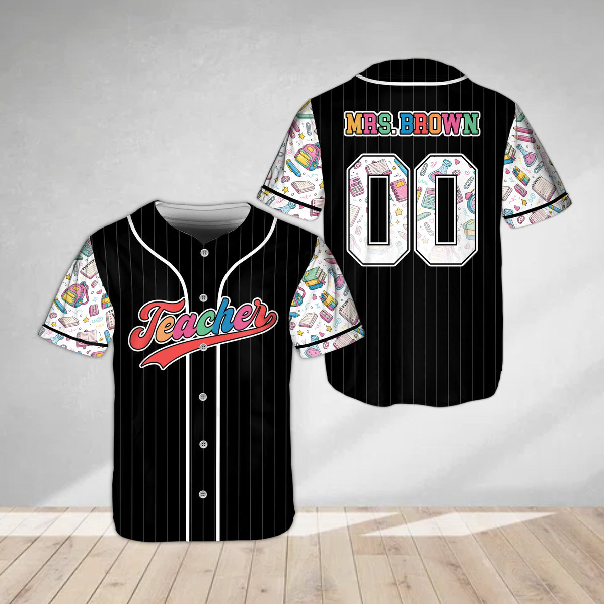 Black personalized teacher school baseball jersey with pinstripes, front view