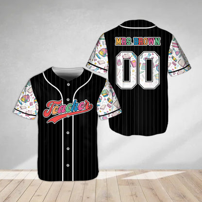 Black personalized teacher school baseball jersey with pinstripes, front view
