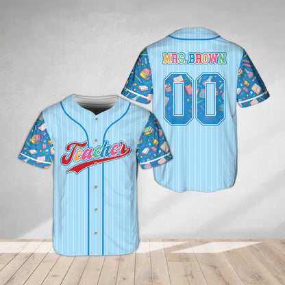 Blue personalized teacher school baseball jersey with pinstripes, front view