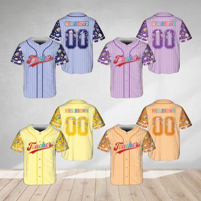 Multicolor personalized teacher school baseball jersey, front view