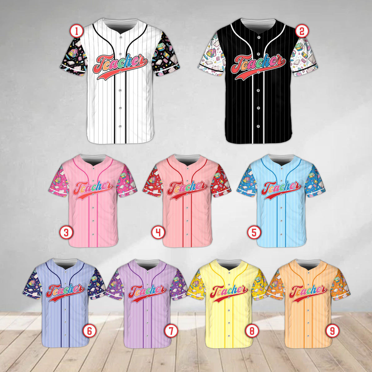 Alternative multicolor personalized teacher school baseball jersey, front view