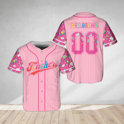 Pink personalized teacher school baseball jersey with pinstripes, front view