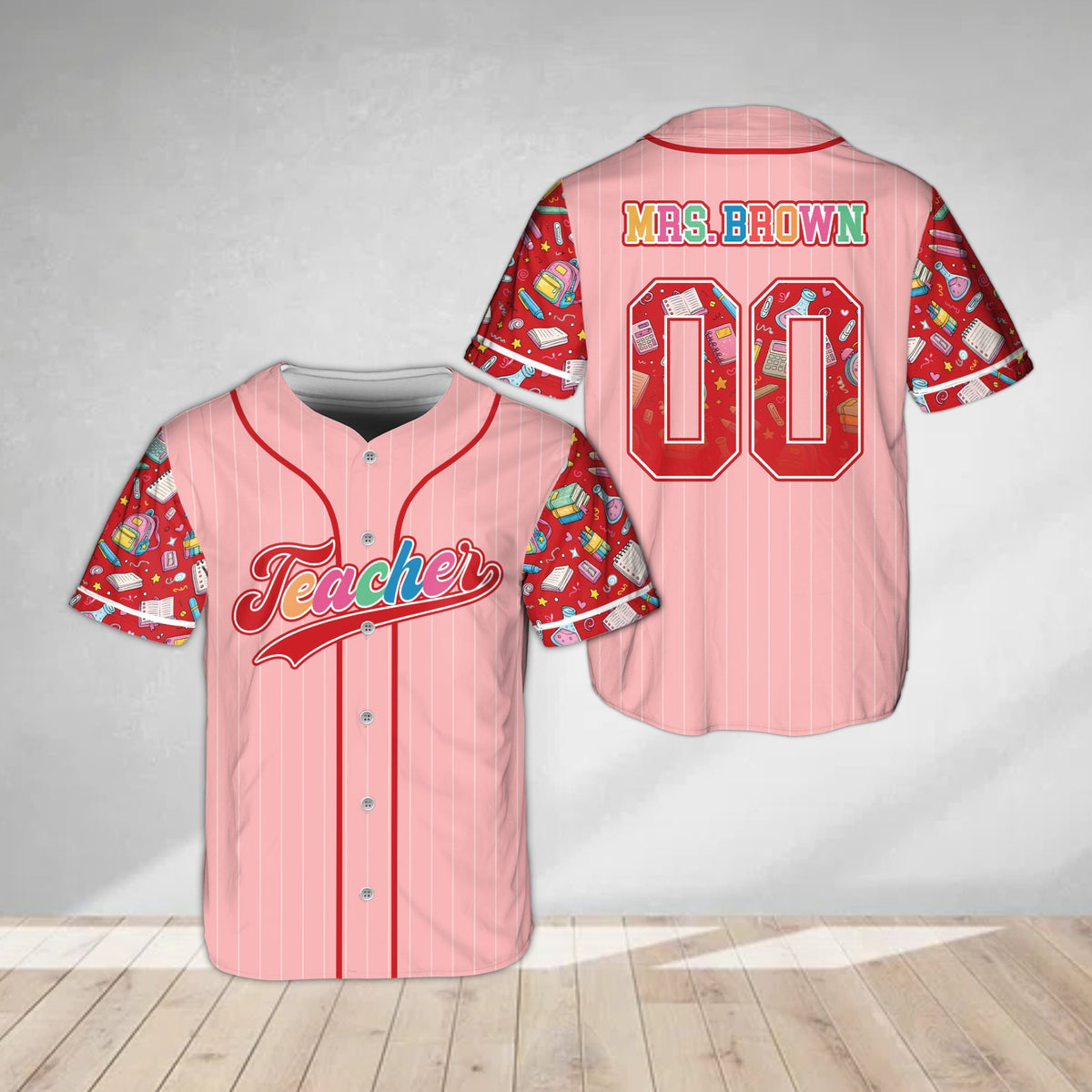 Alternative pink personalized teacher school baseball jersey with pinstripes, front view