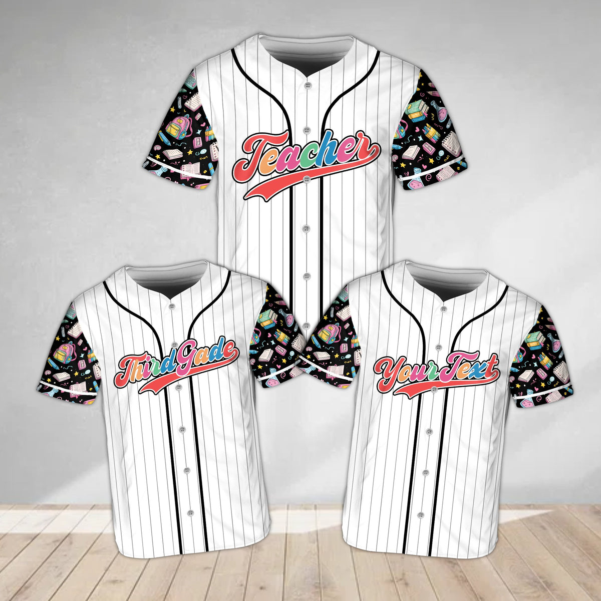 Personalized teacher school baseball jersey in white with custom name and number, front view