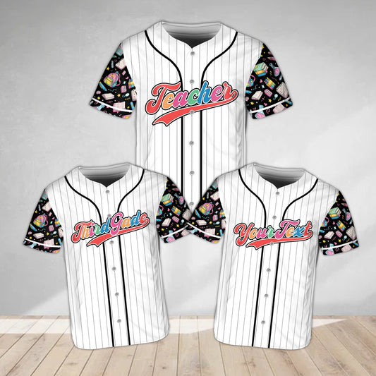 Personalized teacher school baseball jersey in white with custom name and number, front view