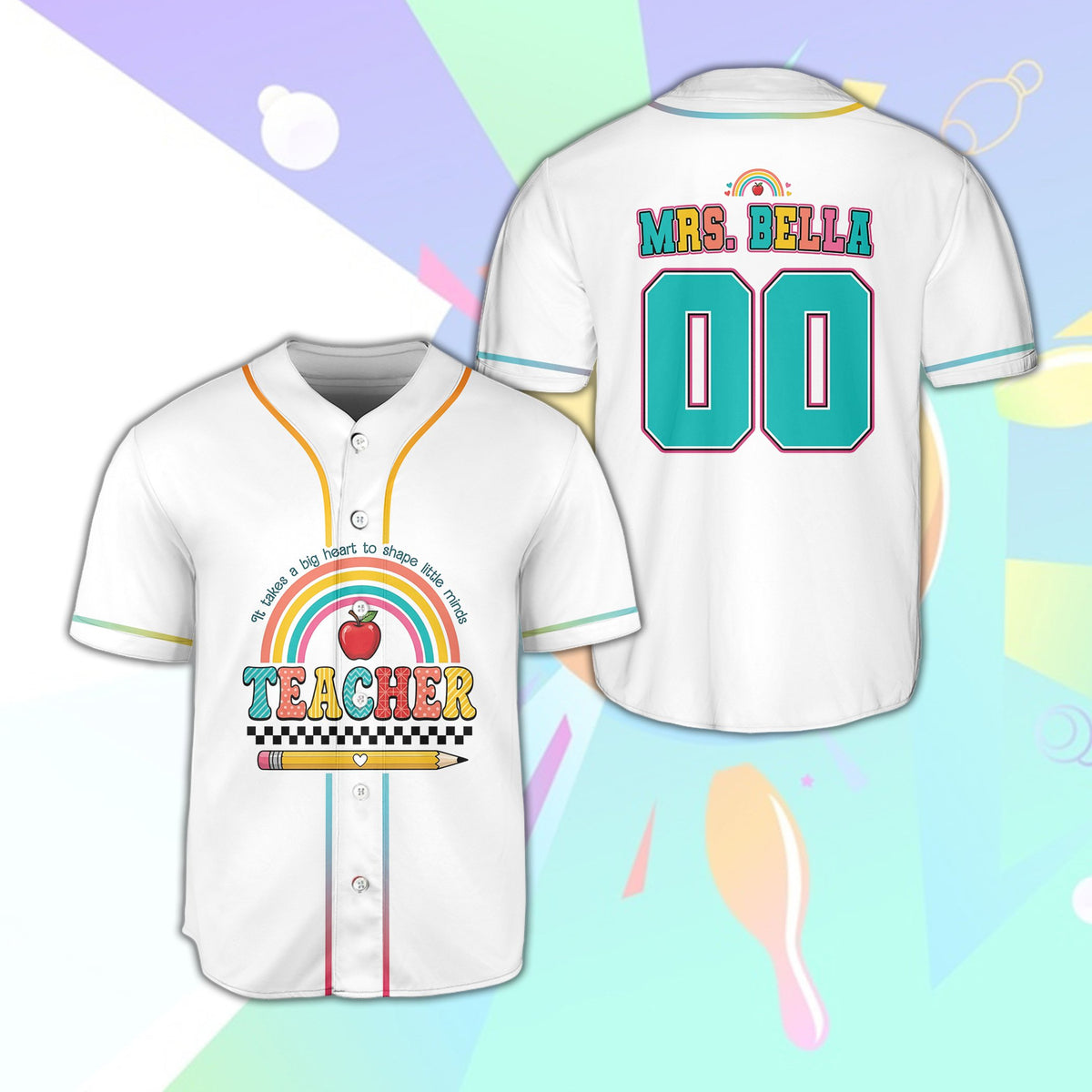 Front view of the white personalized teacher baseball jersey with an apple and rainbow design
