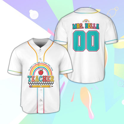 Front view of the white personalized teacher baseball jersey with an apple and rainbow design