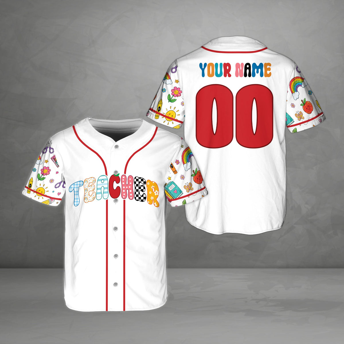 Personalized white teacher baseball jersey with colorful text and custom name and number, back view