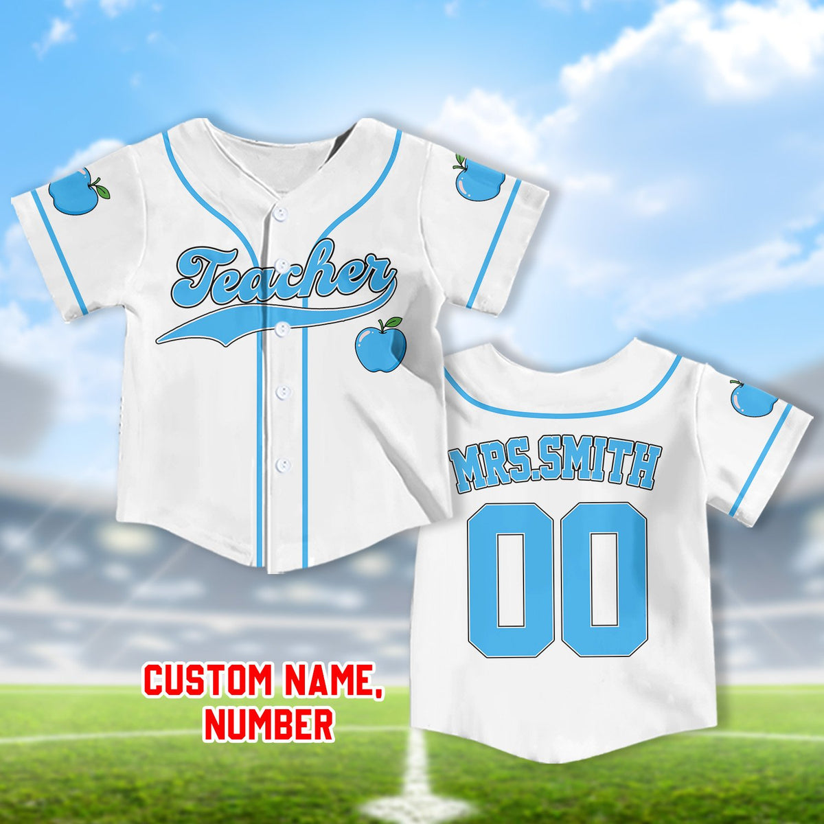 Teacher baseball jersey close up of retro script