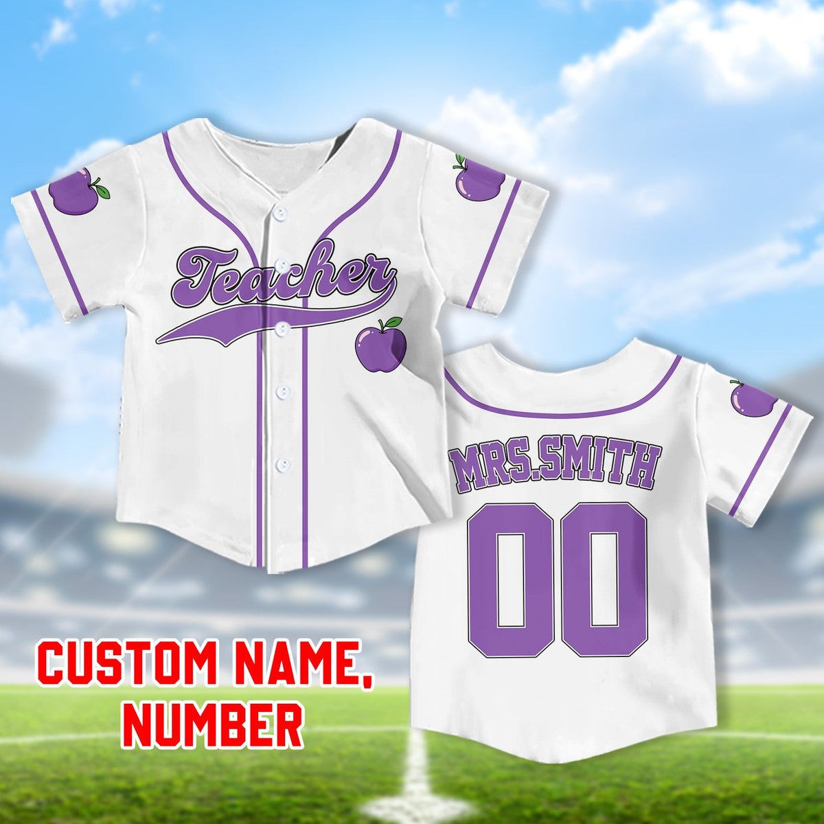 Teacher baseball jersey featuring retro script and apple design on white background, front view