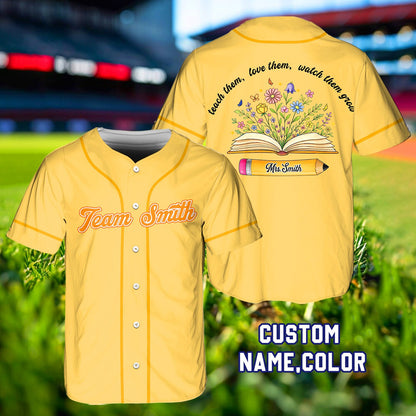 Personalized yellow teacher baseball jersey front view