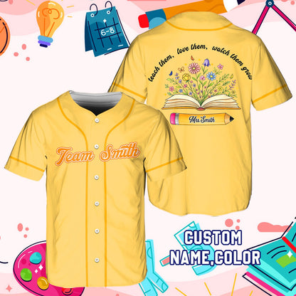 Second front view of personalized yellow teacher baseball jersey