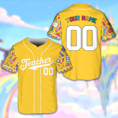 Yellow teacher baseball jersey with custom name and number featuring school supply patterned sleeves, front view