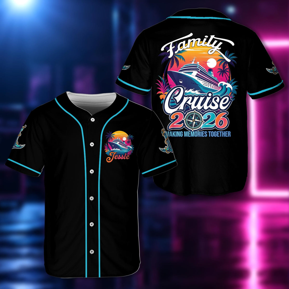 Main view of the personalized black tropical baseball jersey with cruise ship design