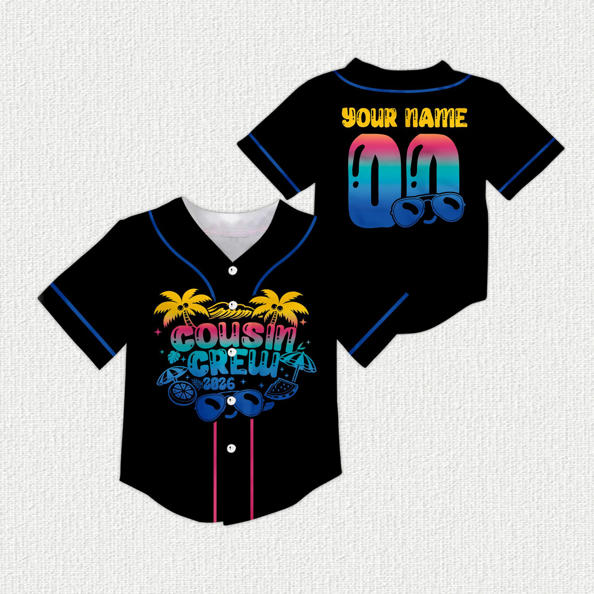 Black custom baseball jersey with tropical graphics, front view
