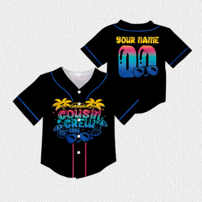 Black custom baseball jersey with tropical graphics, front view