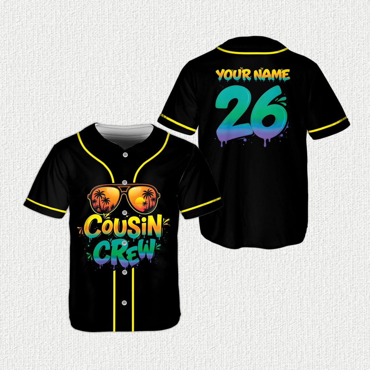 Personalized tropical / cousin crew baseball jersey in black, main view
