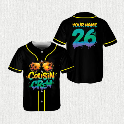 Personalized tropical / cousin crew baseball jersey in black, main view