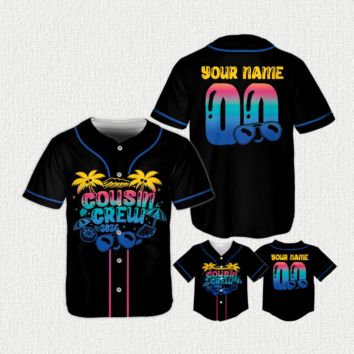 Black cousin baseball jersey with custom name and number, front view