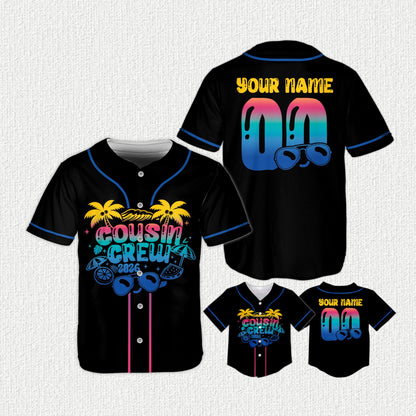 Black cousin baseball jersey with custom name and number, front view