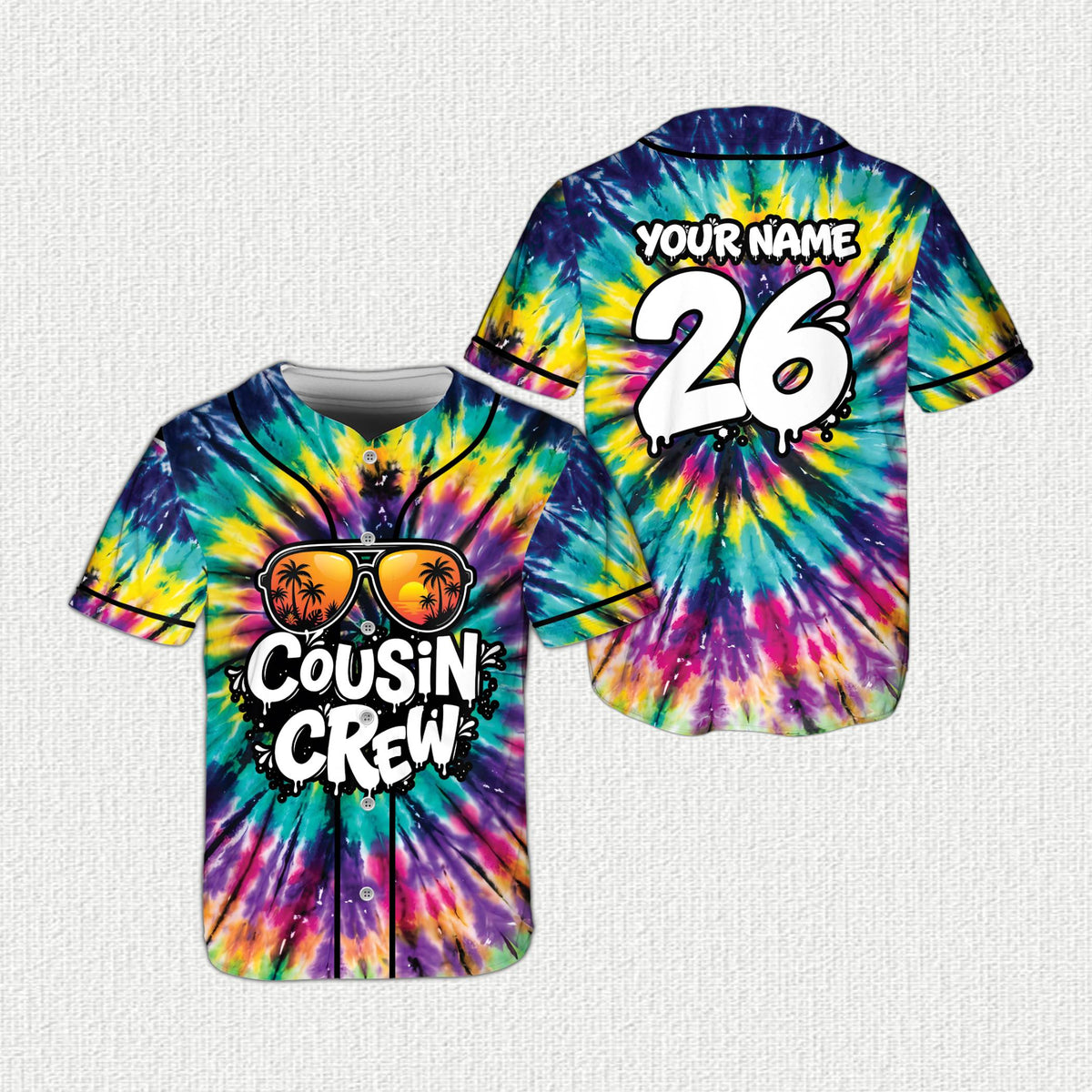 Second front view of the tropical cousin crew baseball jersey