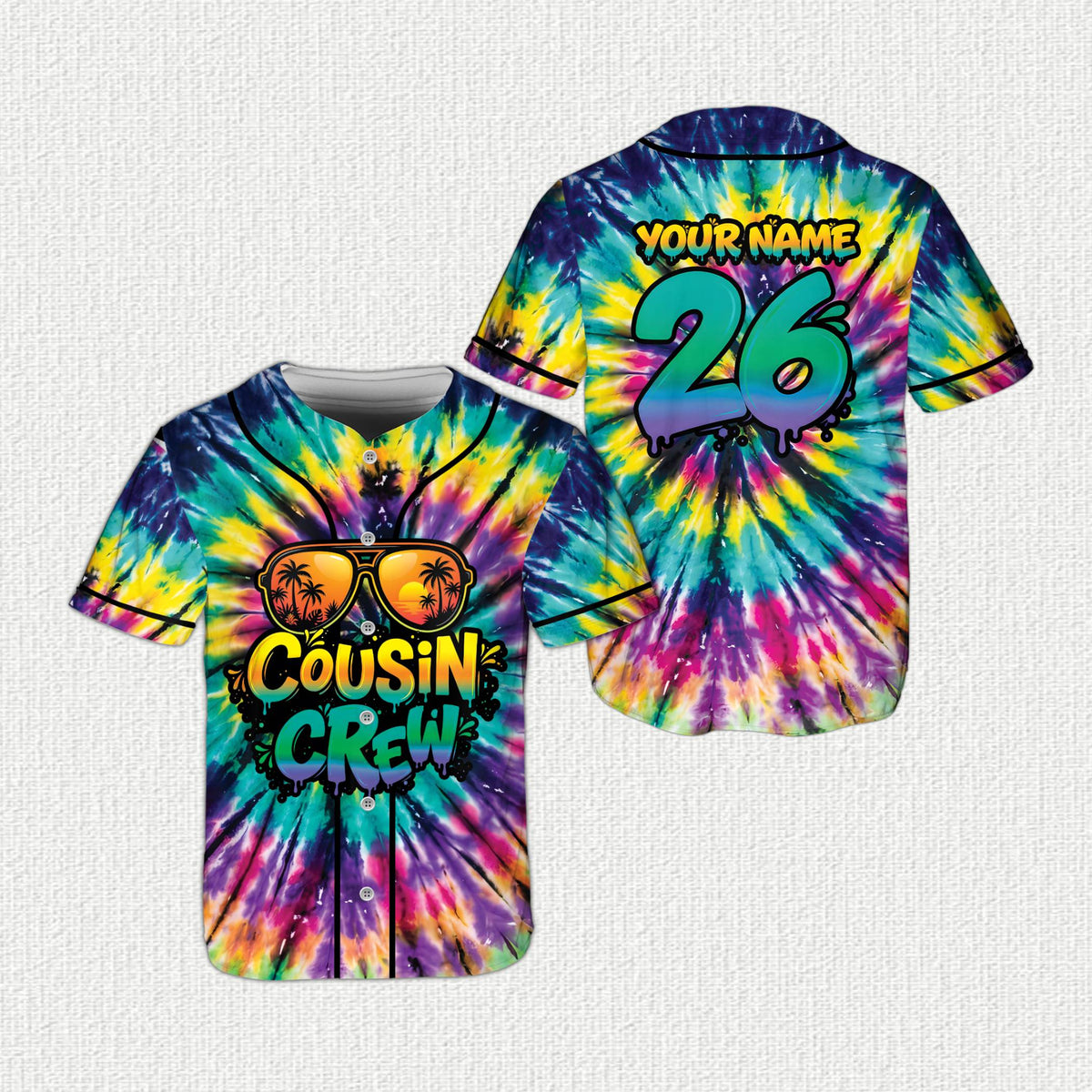 Front view of the multicolor cousin crew custom baseball jersey