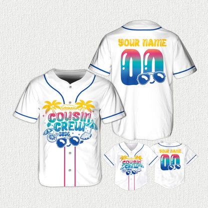 White personalized baseball jersey featuring palm trees and sunglasses, front view