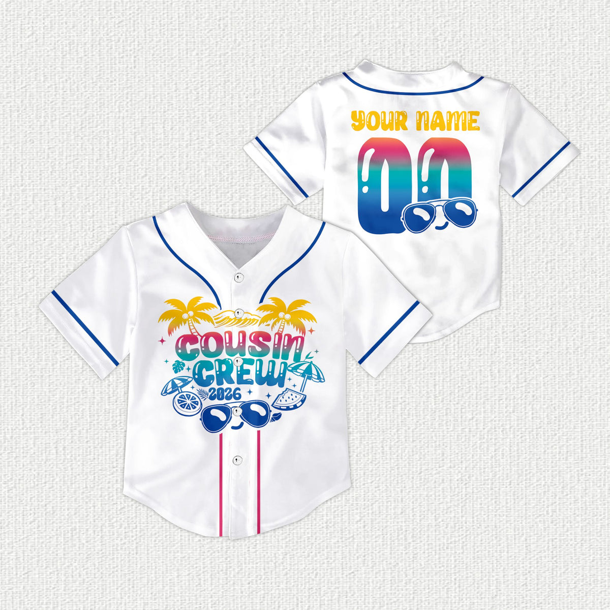 White tropical baseball jersey with cousin crew design, main view