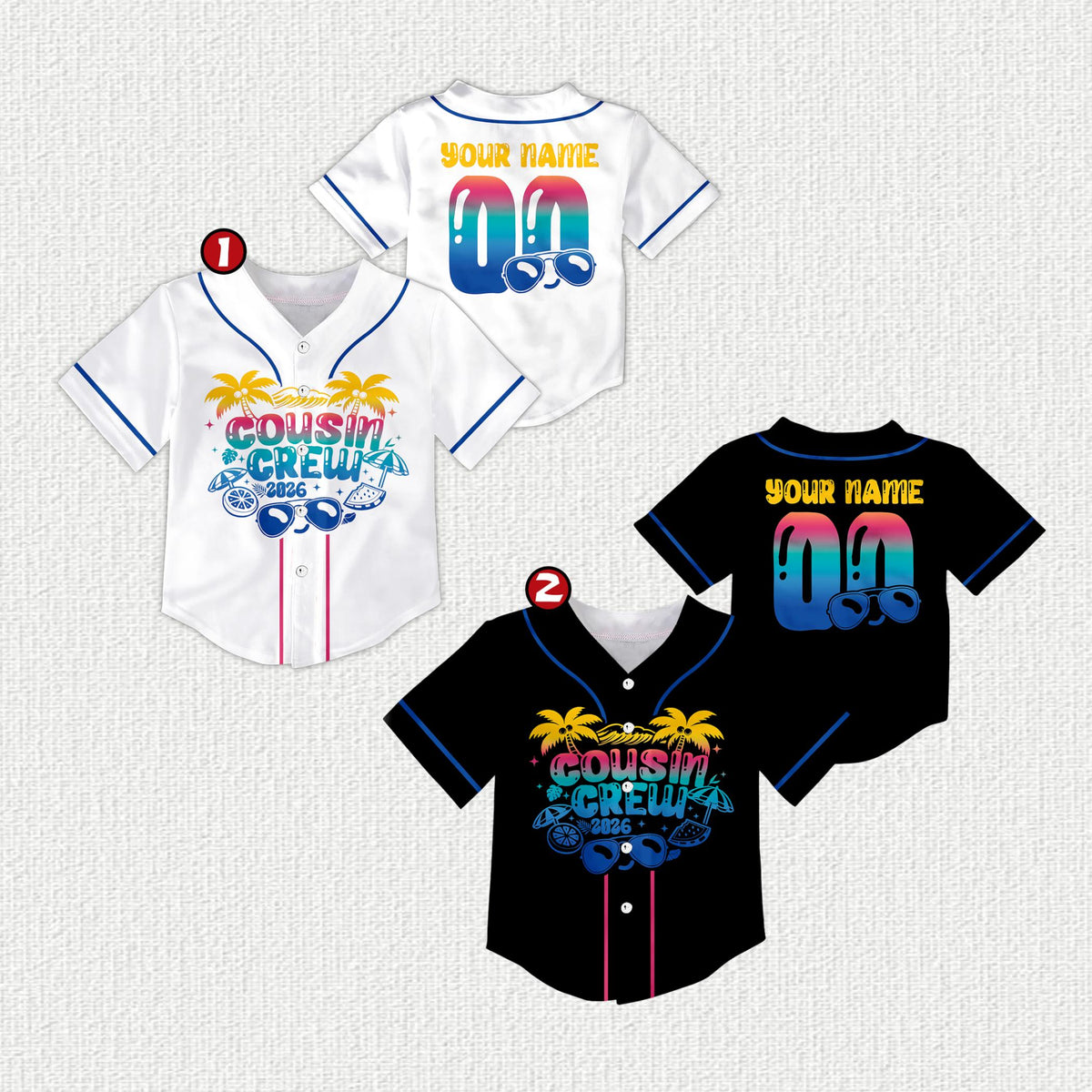 White tropical baseball jersey with custom number wearing sunglasses, front view