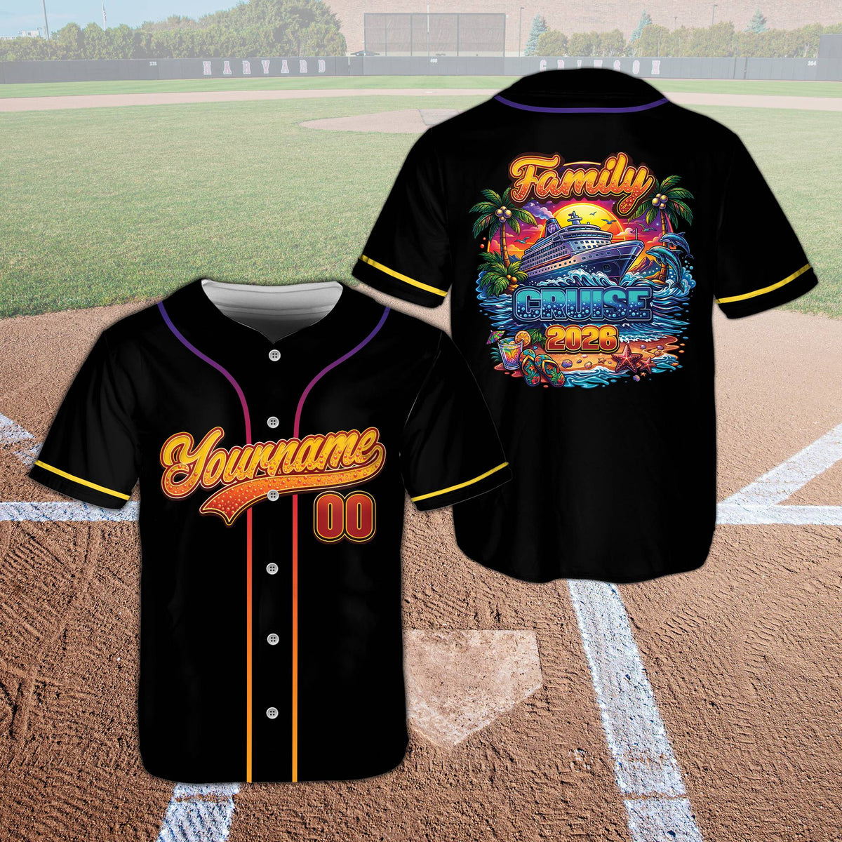 Black tropical cruise baseball jersey with custom name and number, front view