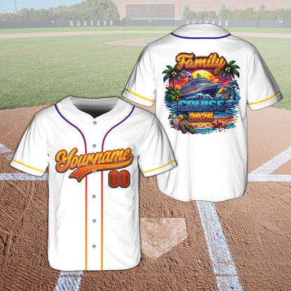 White personalized baseball jersey featuring tropical cruise design, front view