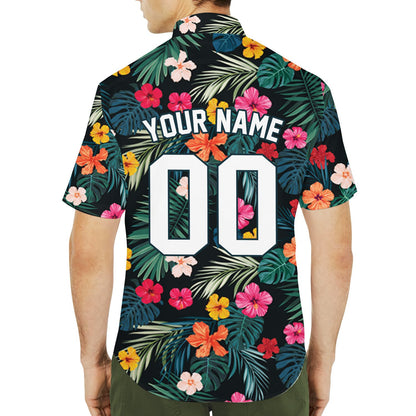 Back view of the tropical floral baseball jersey showing custom name and number