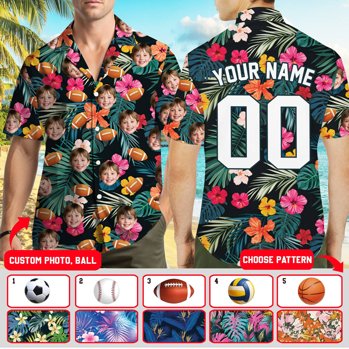 Tropical floral and sports baseball jersey with custom photo faces, front view