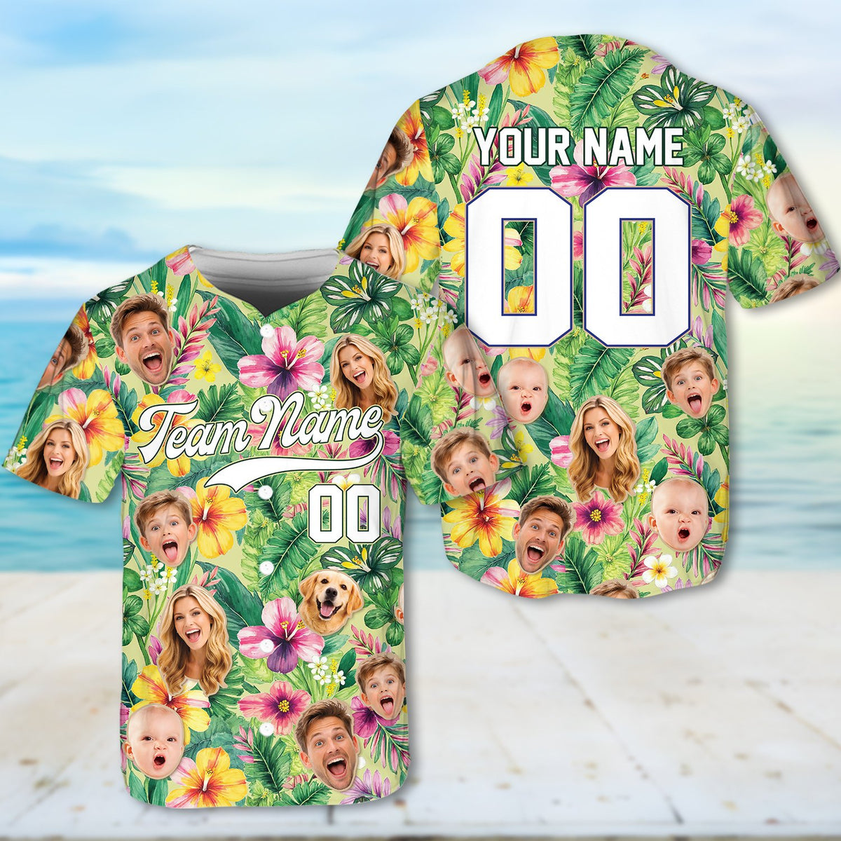 Tropical floral baseball jersey with personalized faces scattered in pattern, front angle view