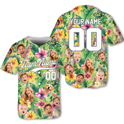 Green and pink tropical custom baseball jersey showing personalized photo details