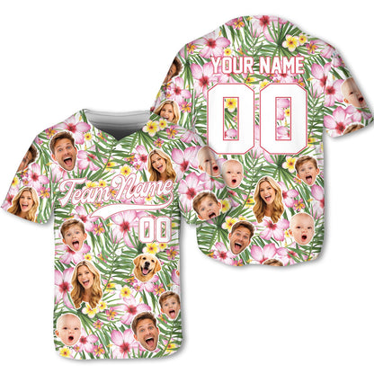 Personalized baseball jersey featuring green leaves, flamingos, and custom photos
