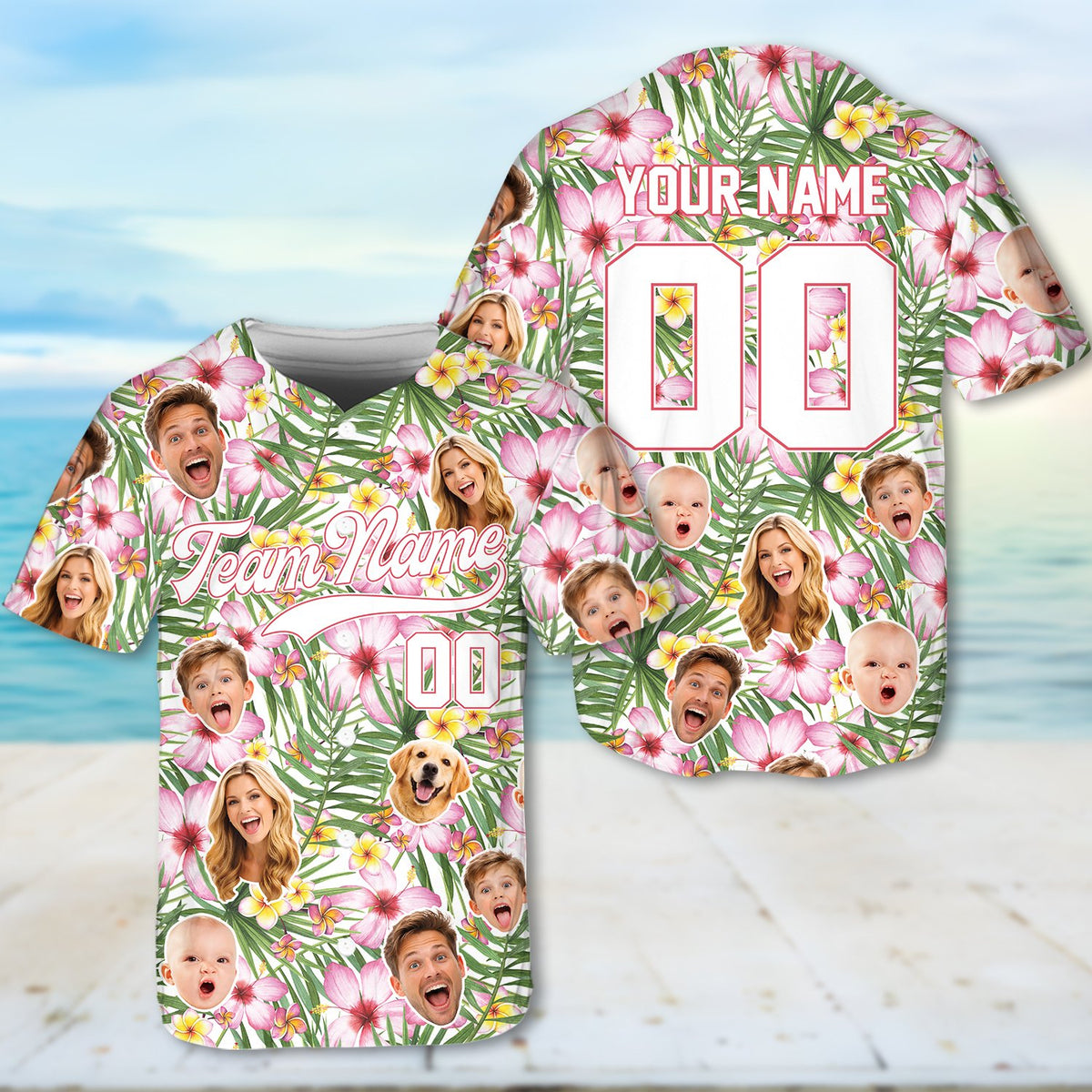 Front view of the custom photo tropical floral baseball jersey