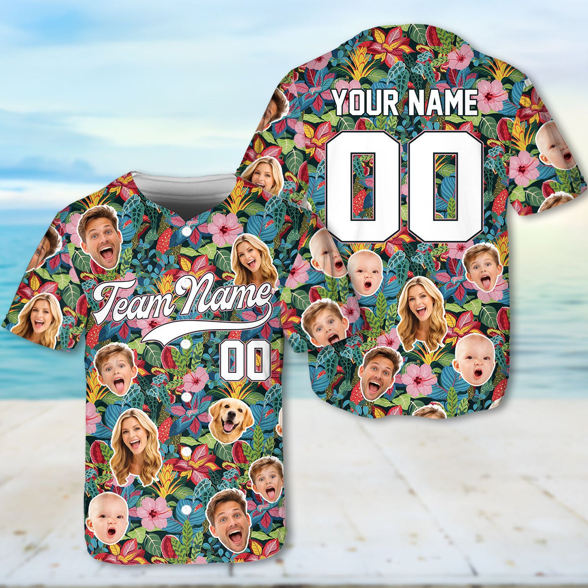 Detailed front view showing button-down style on the tropical baseball jersey