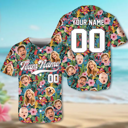 Close-up of the custom name and number baseball jersey in tropical print